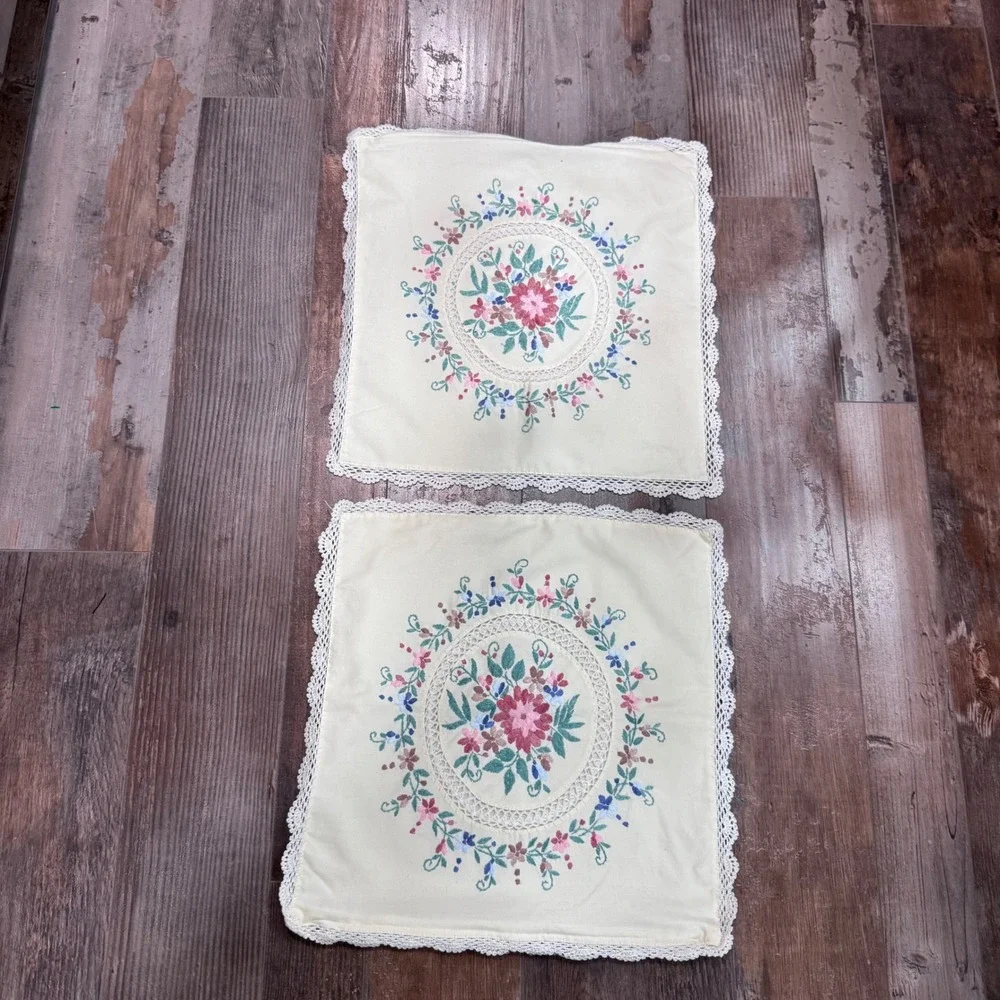 Vintage Hand Embroidered Floral Lace Trim Pillow Covers Set of 2 Cream 15.5